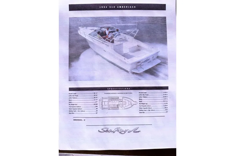 Slide: The Image of 1994 Sea Ray 310 Amberjack boat specifications and image on brochure. - 19