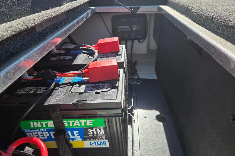 Slide: The Image of Marine batteries in a 2023 Nitro Z19 boat, featuring Interstate deep cycle models. - 9