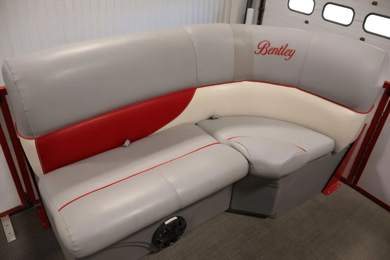 Slide: The Image of 2019 Bentley Pontoons 200 CRUISE boat seating with red, gray, and white upholstery. - 11