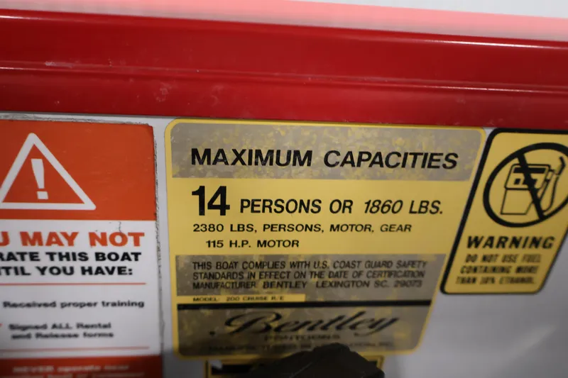 Slide: The Image of 2019 Bentley Pontoons 200 CRUISE capacity label, 14 persons or 1860 lbs, 115 HP motor. - 23