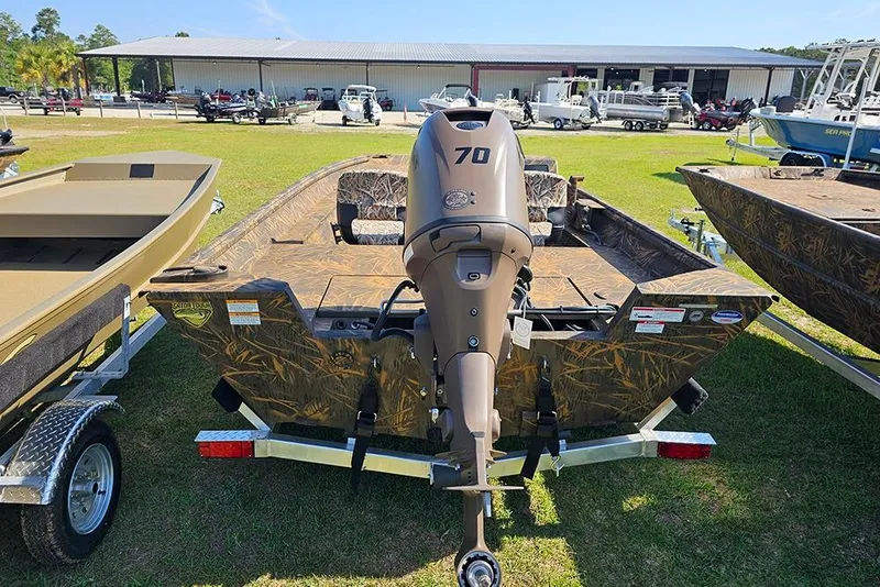 Slide: The Image of 2026 G3 Gator Tough 17 SC boat with camouflage design and 70 HP motor. - 8