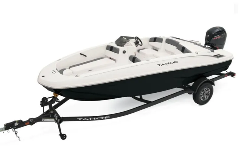 The Image of 2026 Tahoe T18 boat on trailer, sleek design, white and black color scheme. - 1