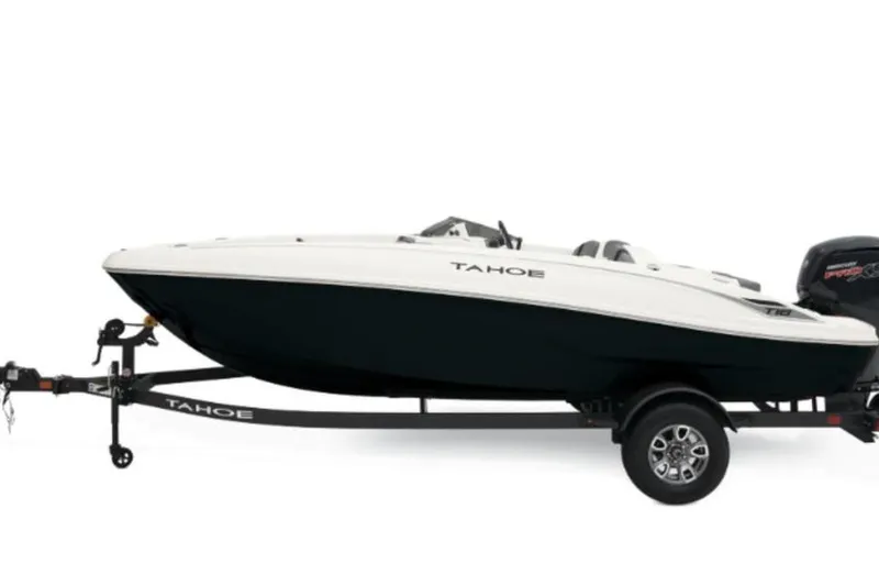 Slide: The Image of 2026 Tahoe T18 boat on trailer, sleek design, white and black color scheme. - 3