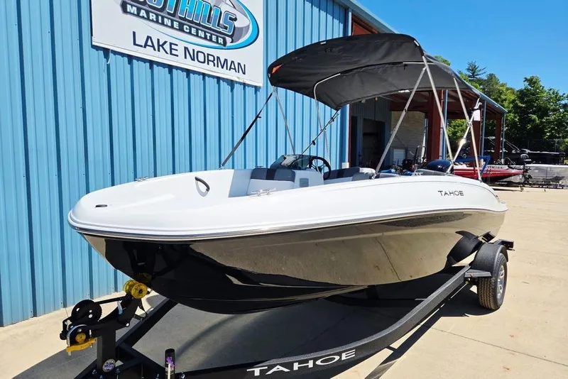 Slide: The Image of 2026 Tahoe T18 boat with canopy on trailer at Lake Norman Marine Center. - 38