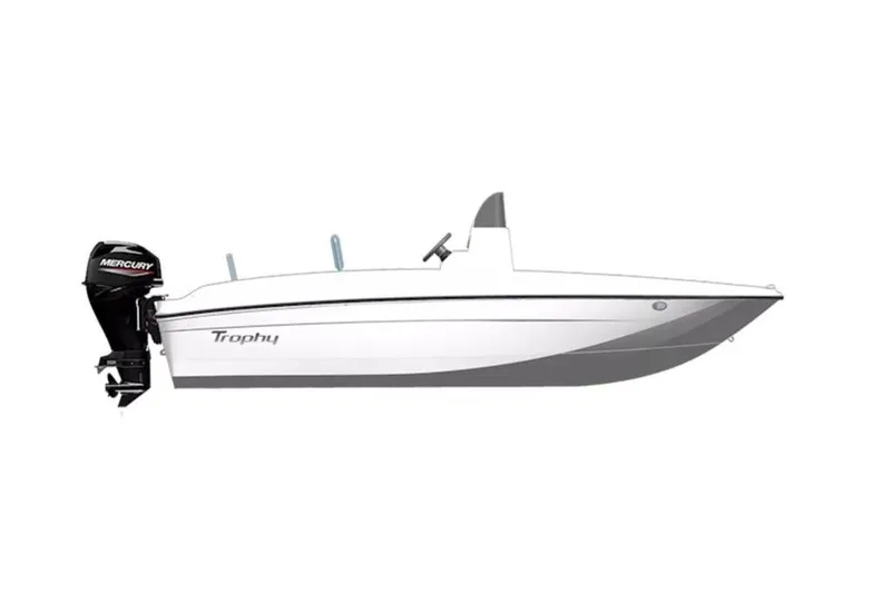 Slide: The Image of 2026 Bayliner Trophy T18 boat with Mercury outboard motor, side view. - 2