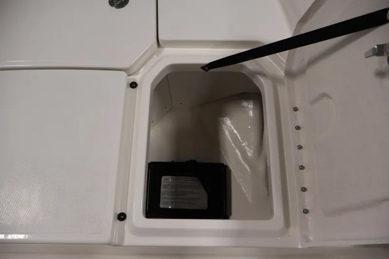 Slide: The Image of Battery compartment of 2026 Bayliner Trophy T18 boat, featuring secure storage space. - 20