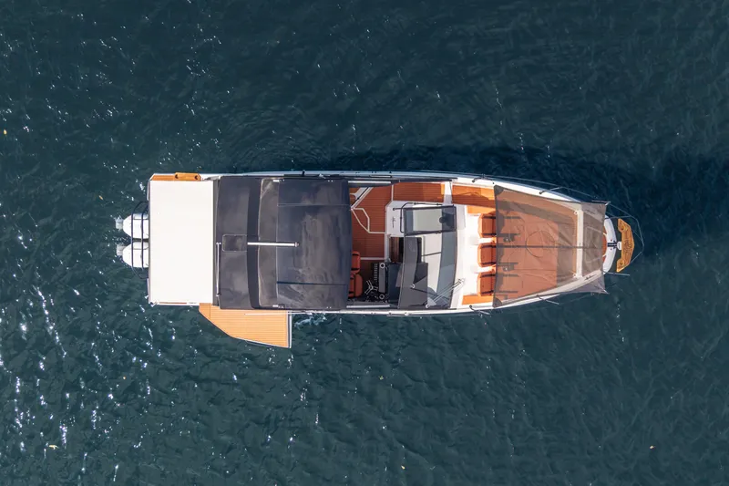 Slide: The Image of Aerial view of 2026 Hanover 387 yacht on open water. - 9