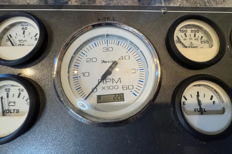 Slide: The Image of Dashboard gauges of a 2004 Starlite 65x16, displaying RPM, oil, volts, temperature, and fuel levels. - 29