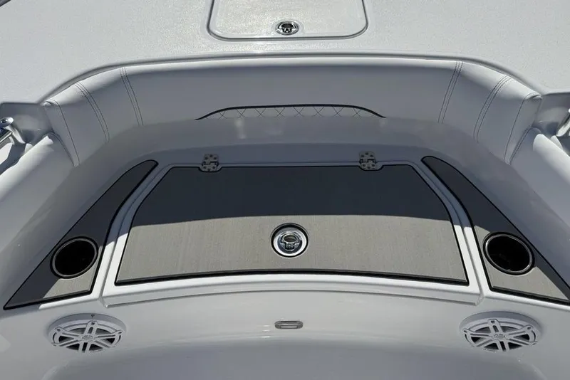 Slide: The Image of 2026 Sportsman Masters 247OE Bay Boat deck with cup holders and speakers. - 11