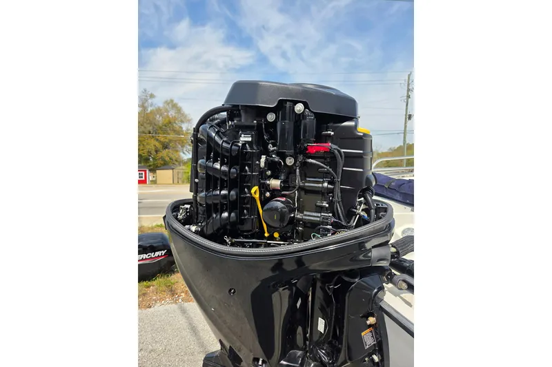 Slide: The Image of Close-up of a 2000 Boston Whaler 18 Dauntless outboard motor, showcasing engine details. - 6