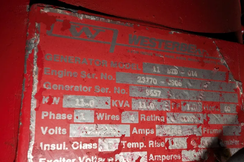 Slide: The Image of Red Westerbeke generator label with specifications, including model, serial numbers, and electrical ratings. - 20
