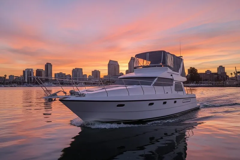 Slide: The Image of 1990 Neptunus Sedan 148 yacht cruising at sunset with city skyline backdrop. - 3