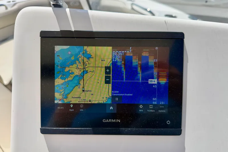 Slide: The Image of Garmin navigation display on 2024 Key West 239 DFS boat, showing map and sonar data. - 18