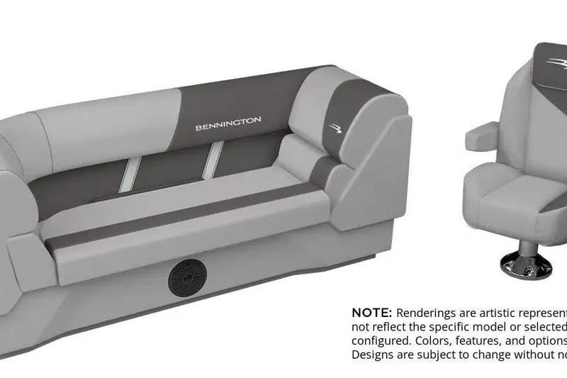 Slide: The Image of 2026 Bennington 18 S L-Bench boat seating, gray and black design, artistic rendering. - 3