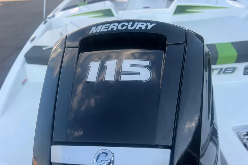 Slide: The Image of 2023 Tahoe T18 boat with Mercury 115 engine, close-up view. - 20