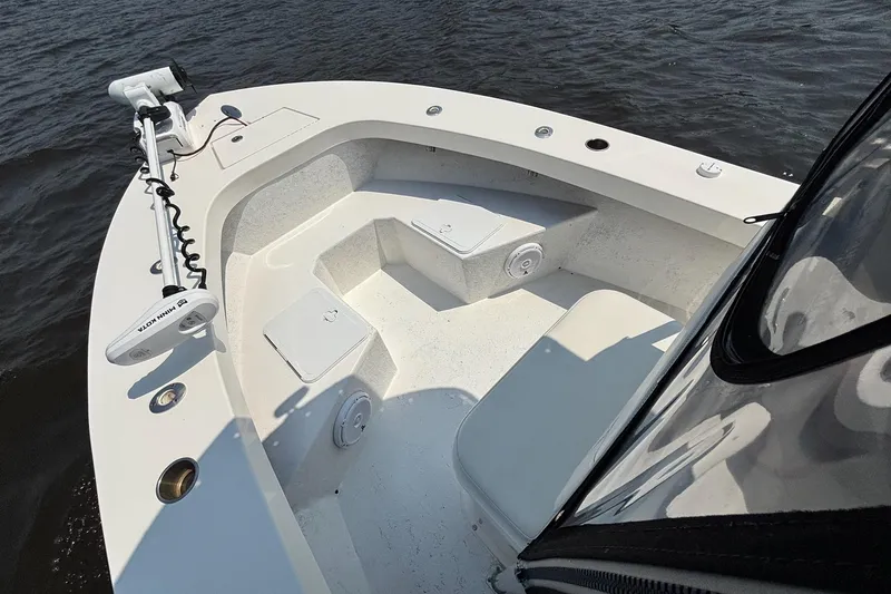 Slide: The Image of 2018 May-Craft 20 Cape Classic boat interior with seating and trolling motor. - 10