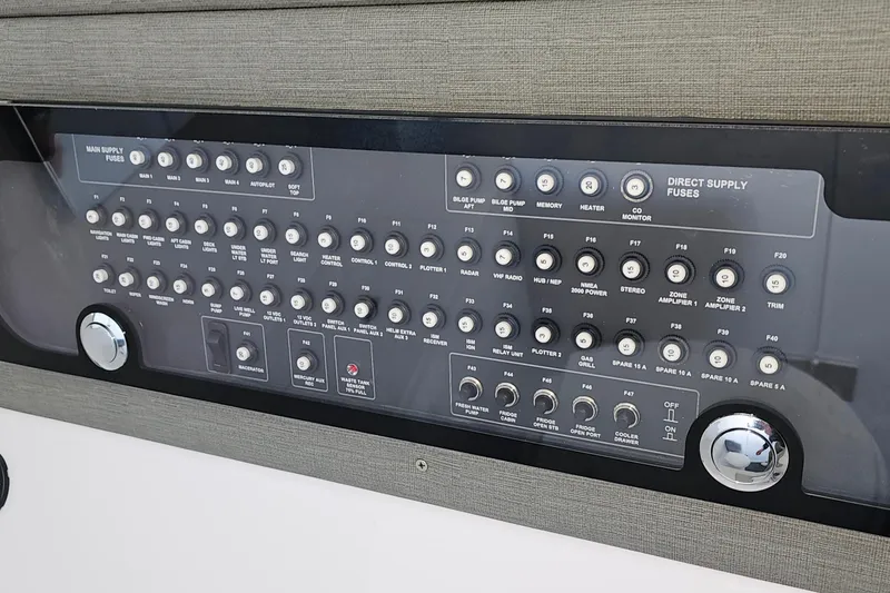 Slide: The Image of Control panel of 2023 Axopar 37 XC Cross Cabin with labeled switches and fuses. - 51