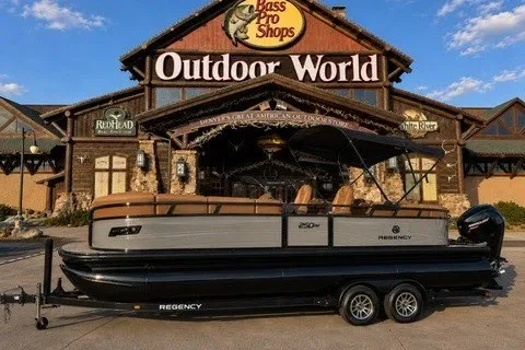 The Image of 2026 Regency 250 DL pontoon boat in front of Bass Pro Shops Outdoor World. - 0