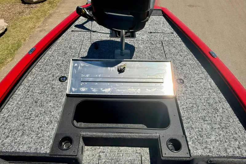 Slide: The Image of 2026 Tracker Pro Team 195 boat deck with storage compartments and seating. - 10