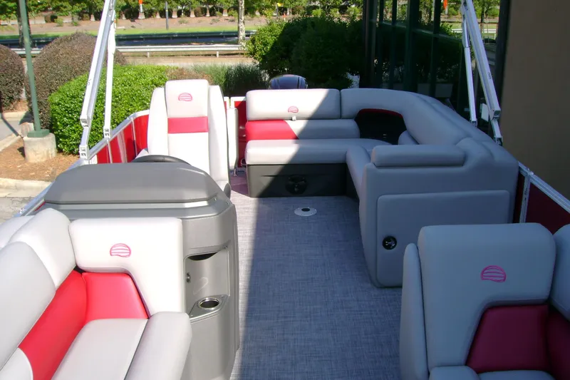 Slide: The Image of 2026 Sun Tracker Party Barge 20 DLX interior with spacious seating and modern design. - 5