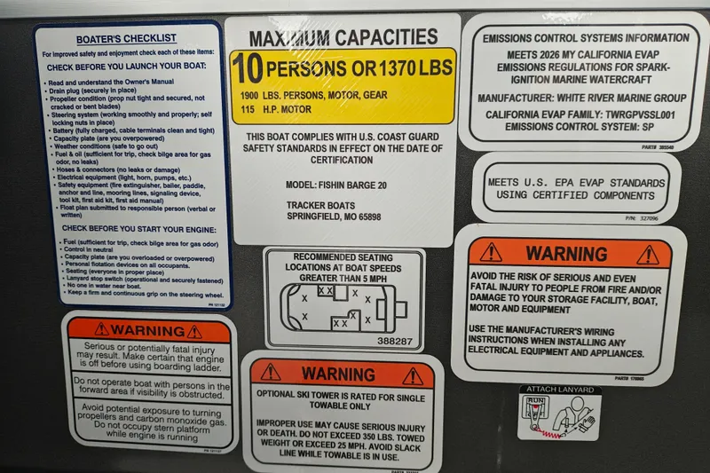 Slide: The Image of Boating safety and capacity labels for 2026 Sun Tracker Fishin' Barge 20 DLX. - 31