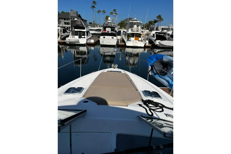 Slide: The Image of 2009 Rinker 340 Express Cruiser docked at marina with other boats. - 6