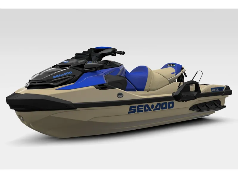 Slide: The Image of 2026 Sea-Doo Wake Pro 230 jet ski in blue and beige. - 4