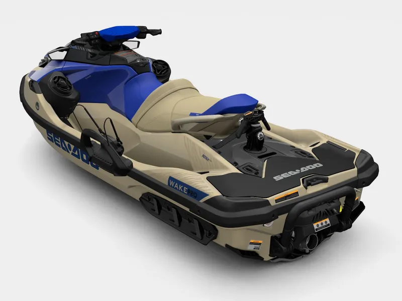 Slide: The Image of 2026 Sea-Doo Wake Pro 230 jet ski in blue and beige. - 5