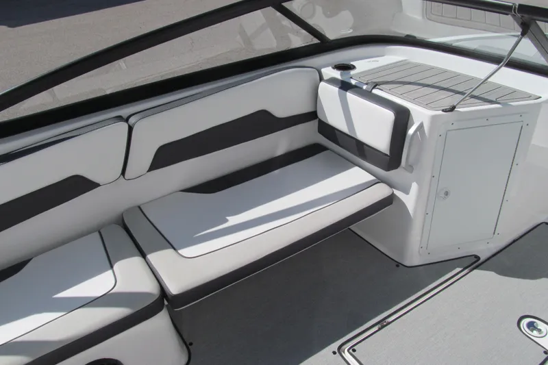 Slide: The Image of 2024 Yamaha Boats AR195 interior seating with sleek design and modern upholstery. - 7