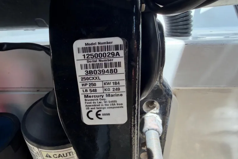 Slide: The Image of Label on Mercury Marine engine, model 250CXXL, 250 HP, on Jeanneau NC Sport 895, 2024. - 27
