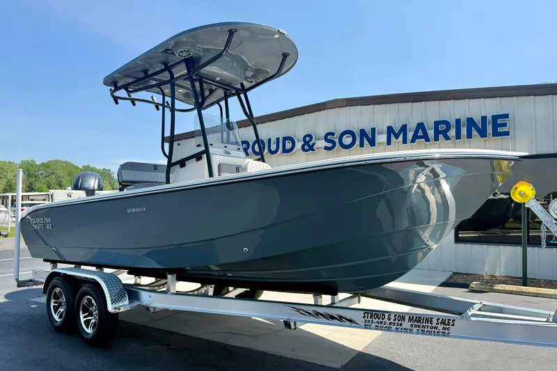Slide: The Image of 2026 Carolina Skiff 22 Ultra Elite boat on trailer at marine dealership. - 4