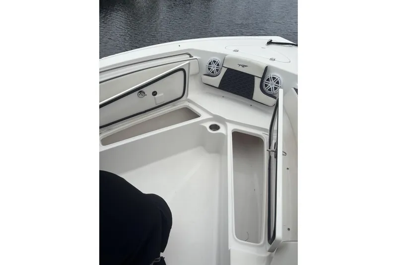 Slide: The Image of 2025 Tidewater 210 CC Adventure boat interior with storage compartments and speakers. - 5