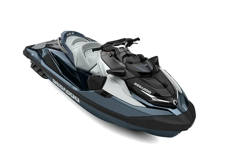 Slide: The Image of Manufacturer Provided Image: 2023 Sea-Doo GTX Limited 300 jet ski, sleek design, black and blue color. - 2