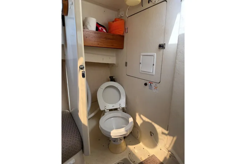 Slide: The Image of 1998 Rosborough RF-246 Sedan Cruiser bathroom with toilet and storage shelf. - 47