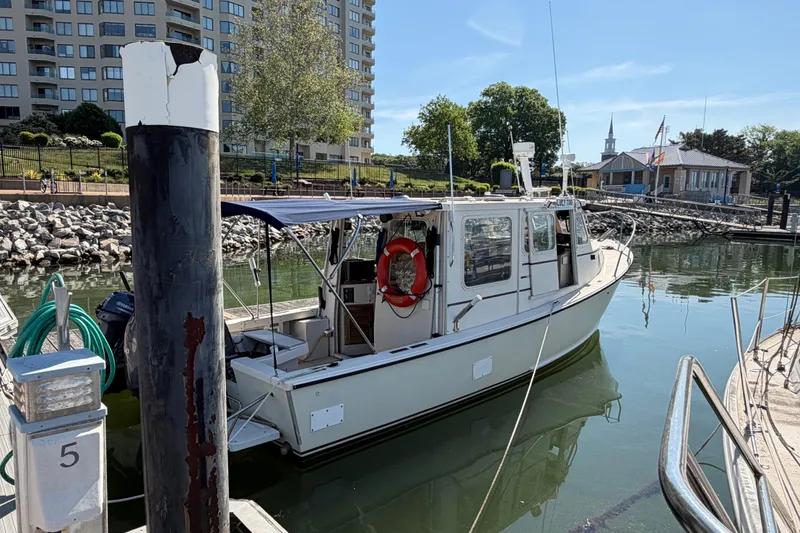 Slide: The Image of 1998 Rosborough RF-246 Sedan Cruiser docked at a marina with buildings in the background. - 5