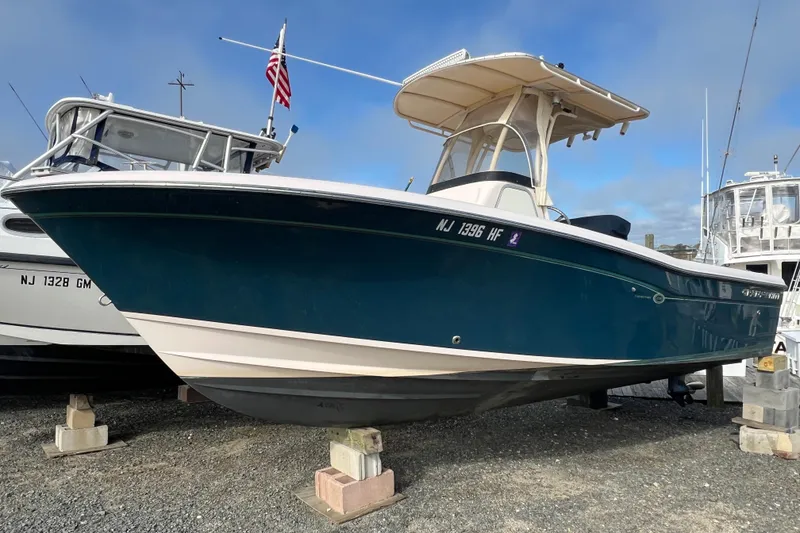 The Image of 2014 Grady-White Fisherman 230 boat on blocks, blue hull, American flag displayed. - 0