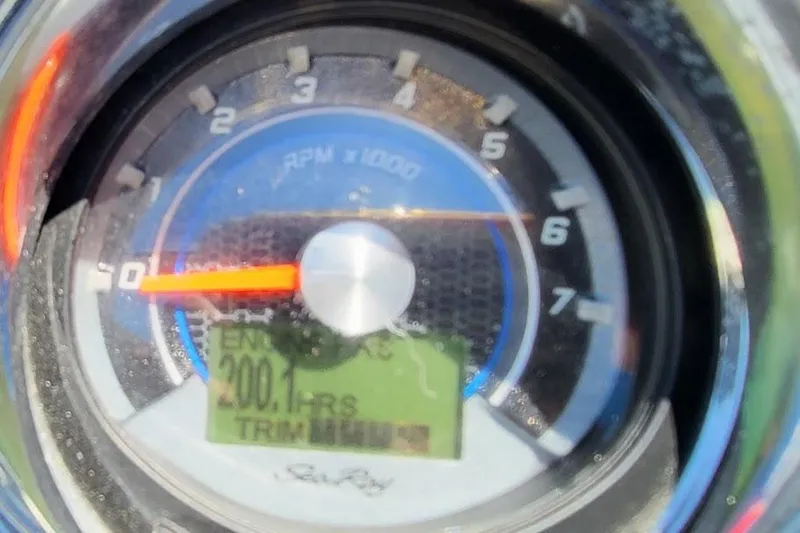Slide: The Image of Close-up of 2016 Sea Ray SLX 250 tachometer displaying 200.1 engine hours. - 10