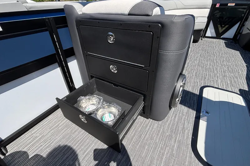 Slide: The Image of Viaggio D26U 2026 boat interior with open storage drawer and seating. - 18
