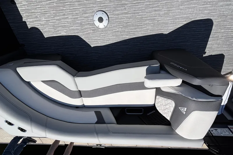 Slide: The Image of Luxurious Viaggio D26U 2026 boat seating with sleek gray and white design. - 23