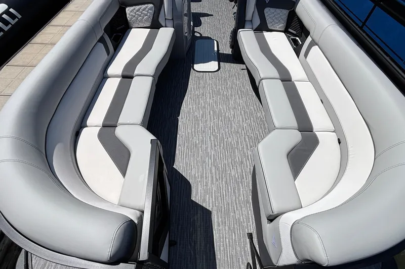 Slide: The Image of Luxurious seating on 2026 Viaggio D26U boat, featuring modern gray and white upholstery. - 5