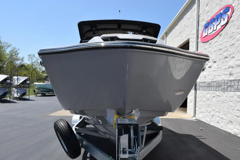 Slide: The Image of 2026 Yamaha Boats 255XD on trailer at dealership, front view. - 27