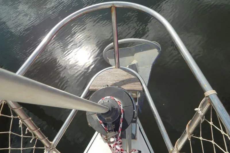 Slide: The Image of Bow view of a 1997 Etap 38i sailboat with anchor and railing. - 10