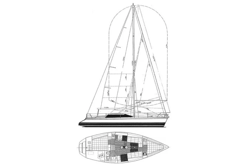 Slide: The Image of Blueprint of a 1997 Etap 38i sailboat, showcasing side and top views. - 53