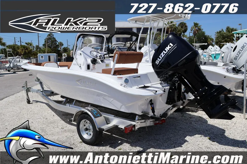 Slide: The Image of 2026 ALK2 Powerboats 18 CRS Center Console with Suzuki engine on display. - 3
