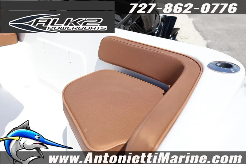 Slide: The Image of 2026 ALK2 Powerboats 18 CRS Center Console seat detail with contact information. - 5