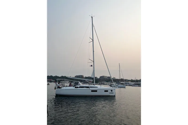 Slide: The Image of 2023 Beneteau Oceanis 34.1 sailboat on calm water at sunset. - 3