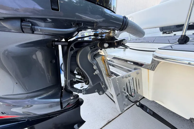 Slide: The Image of 2023 ShearWater x22 boat engine and mounting bracket detail. - 18