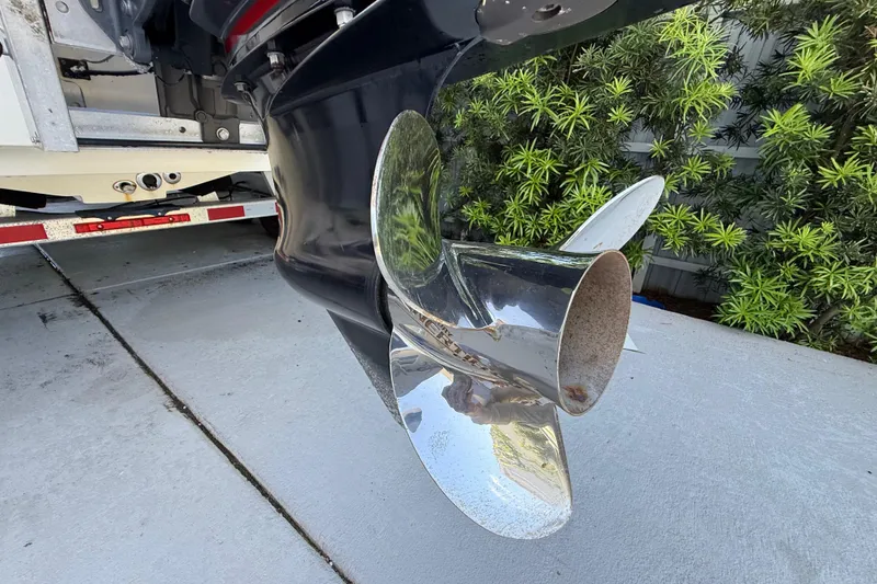 Slide: The Image of Close-up of a 2023 ShearWater x22 boat propeller on a trailer. - 9