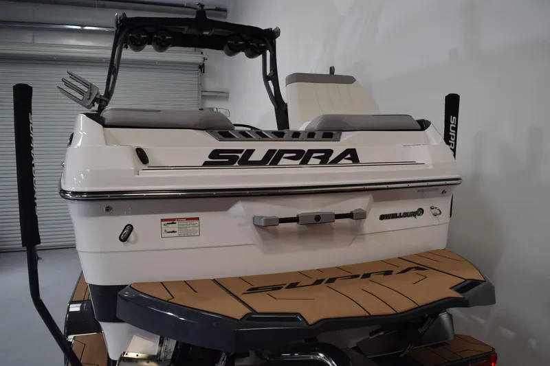 Slide: The Image of 2021 Supra SE 450 boat rear view in a garage setting. - 7