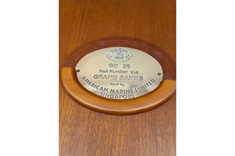 Slide: The Image of Plaque on 1991 Grand Banks 36 Classic, hull number 958, by American Marine Limited, Singapore. - 106